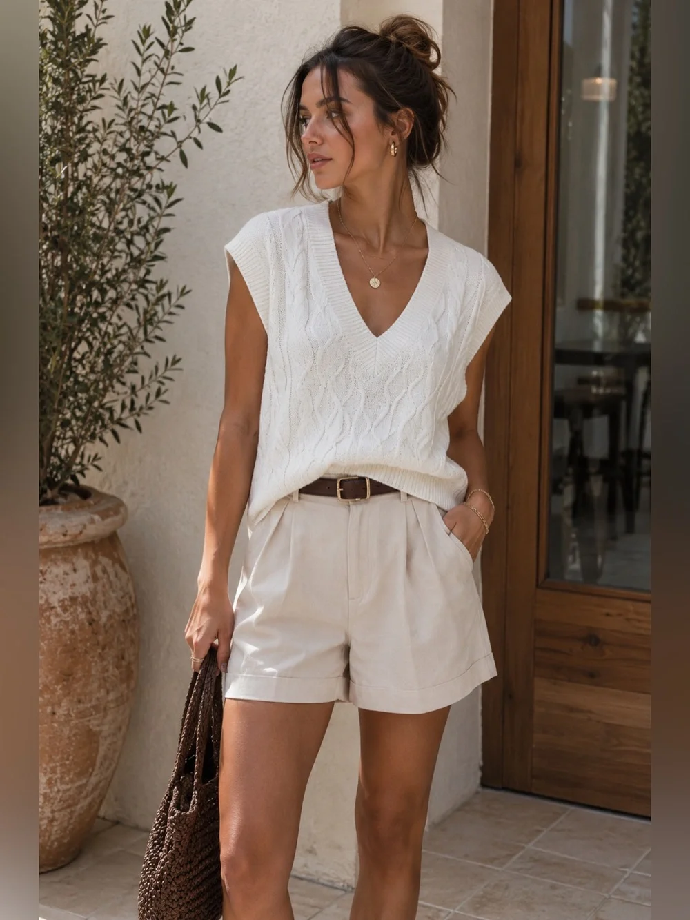 Cable Knit Sweater Vest Cream V Neck Preppy Coastal Grandpa Core Medium